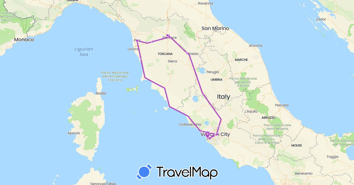 TravelMap itinerary: plane, train in Belgium, Italy (Europe)